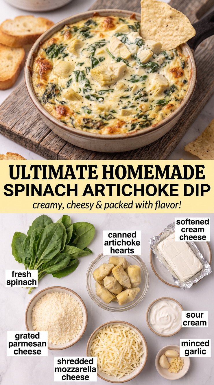 Homemade spinach artichoke dip finished dish made with fresh spinach, canned artichoke hearts, and softened cream cheese
