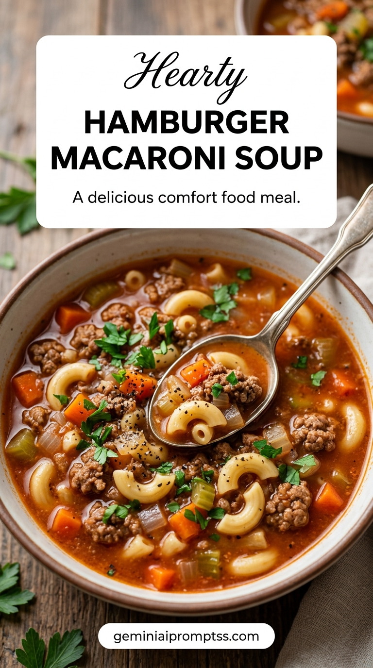 Hamburger Macaroni Soup showing a tomato-based hamburger macaroni soup with beef, elbow pasta, carrots, celery, and parsley