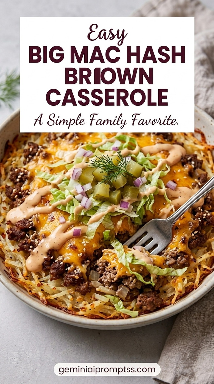 Big Mac Hash Brown Casserole showing ground beef, crisp hash browns, cheddar, creamy burger sauce, lettuce, pickles, and sesame