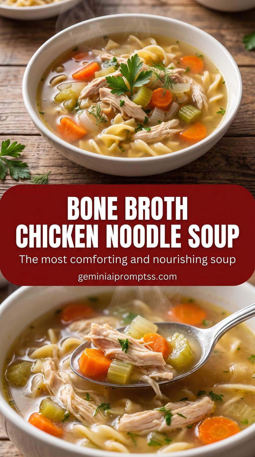 Bone broth chicken noodle soup showing a comforting chicken noodle soup with tender vegetables and noodles