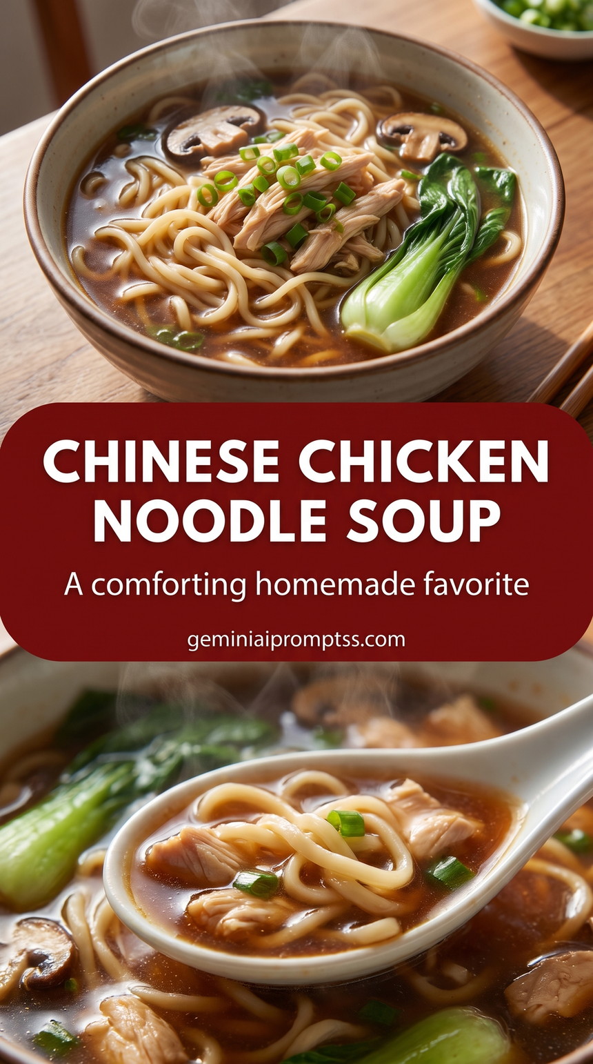 Chinese-style chicken noodle soup with ginger and bok choy with ginger, bok choy, mushrooms, and thin noodles