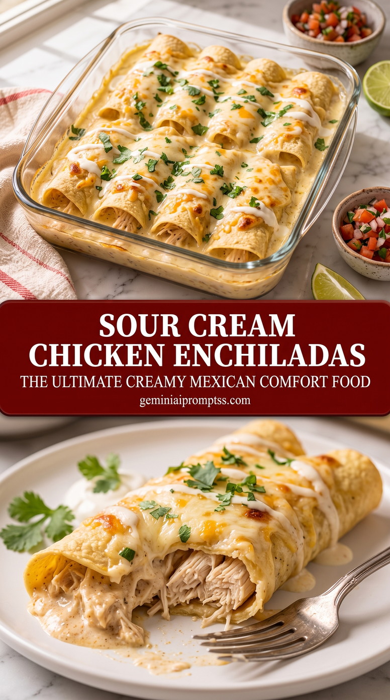 Sour Cream Chicken Enchiladas with rolled chicken enchiladas with a creamy pale sauce and melted cheese