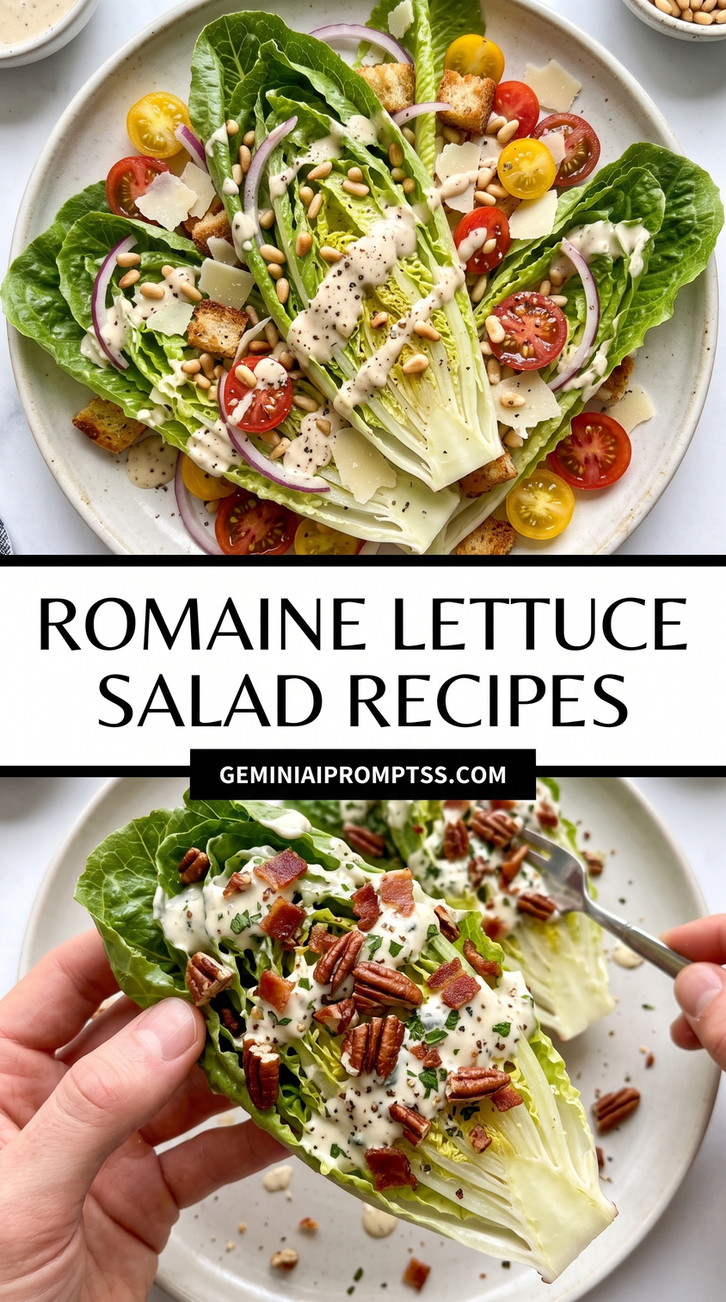 Romaine Lettuce Salad Recipes showing crisp romaine, cherry tomatoes, cucumber, Parmesan shavings, crunchy nuts and crouton-like pieces