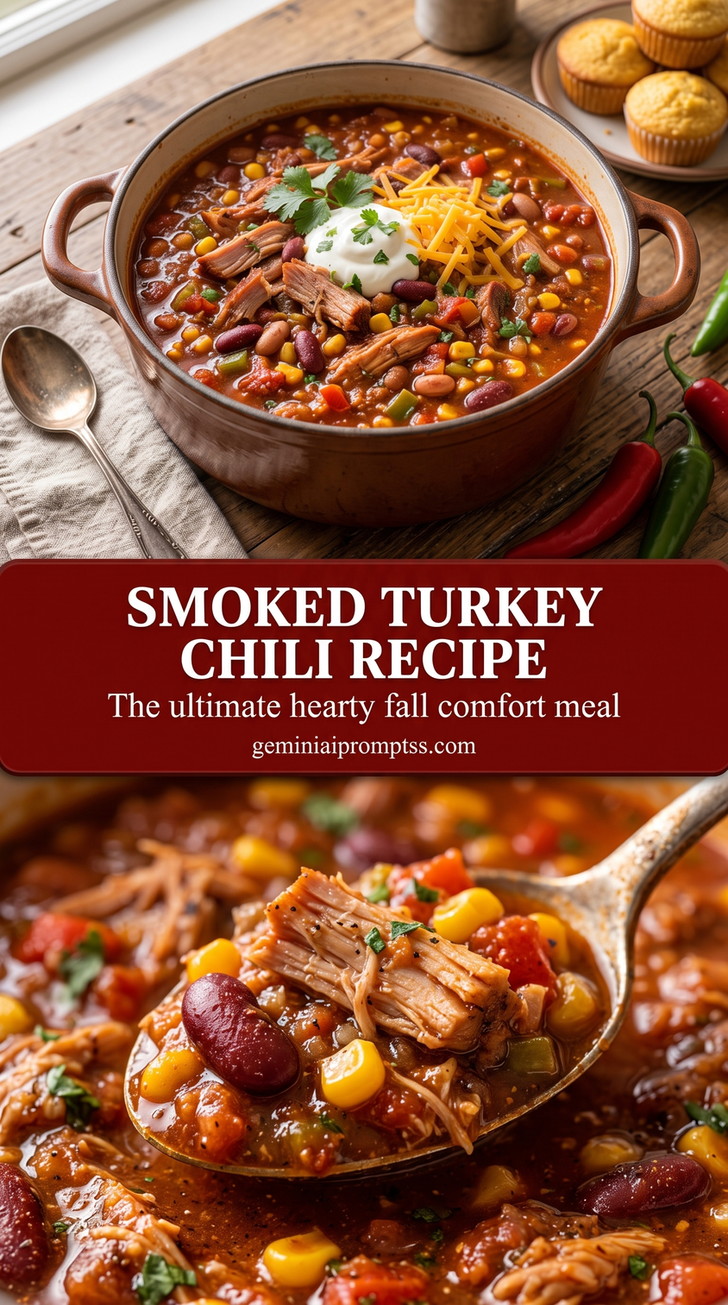smoked turkey chili recipe with a smoked turkey chili with shredded turkey, kidney beans, corn, tomato, peppers, cheddar, sour cream, and herbs