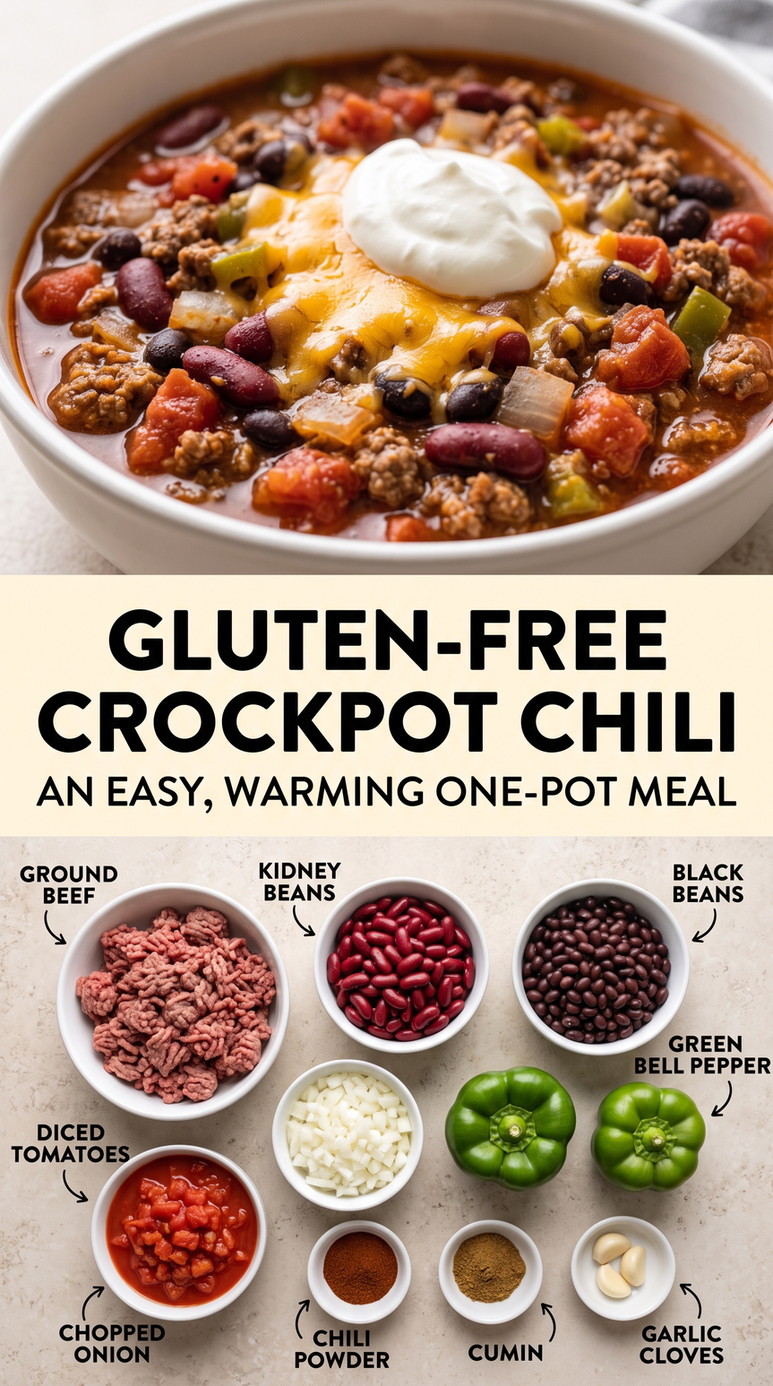Gluten-free Crockpot Chili Recipe with gluten-free chili with beef, kidney beans, black beans, tomatoes, green pepper, onion, and cumin
