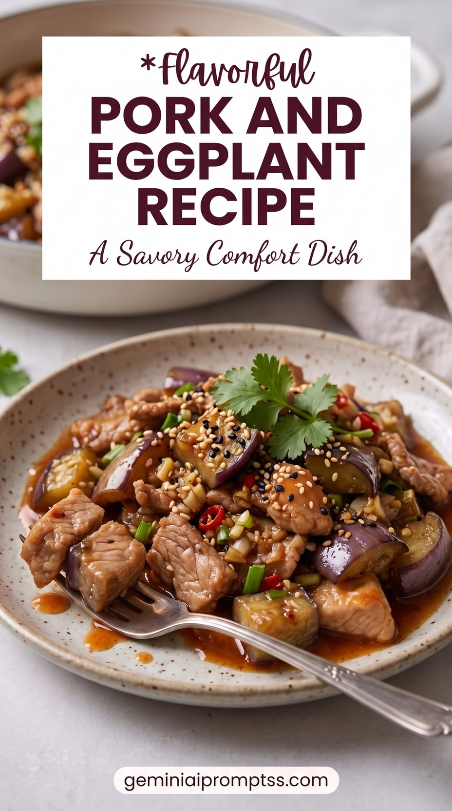 Ginger-Sesame Pork and Eggplant showing pork and eggplant pieces in a glossy Asian-style sauce with sesame, chilies, and herbs