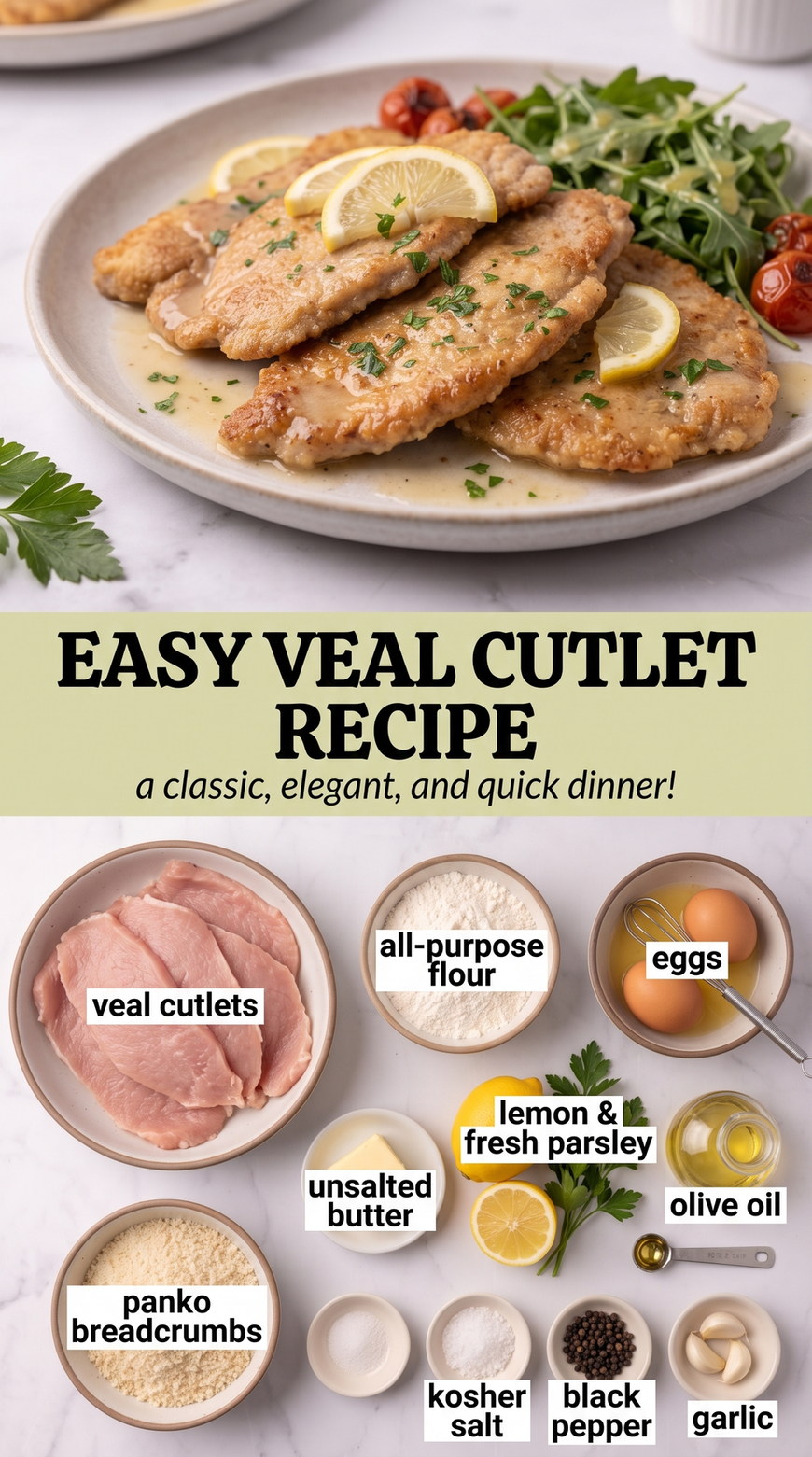 Easy Veal Piccata Cutlets prepared as a finished easy veal cutlet recipe recipe with browned cutlets ready to serve