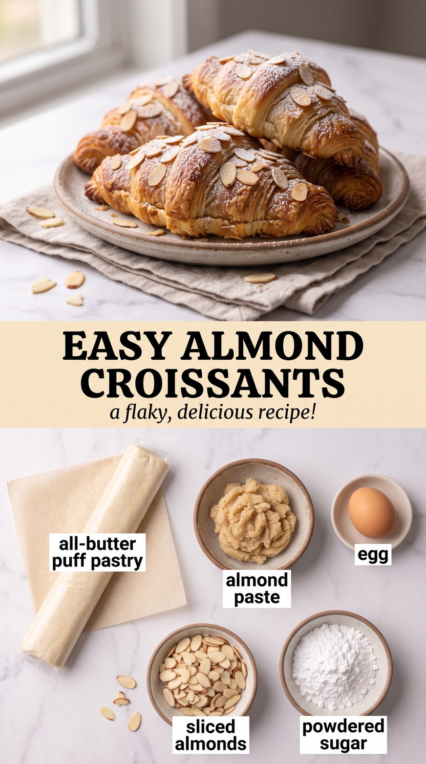 Easy Almond Croissant Recipe showing flaky almond-topped croissants made from all-butter puff pastry and almond paste