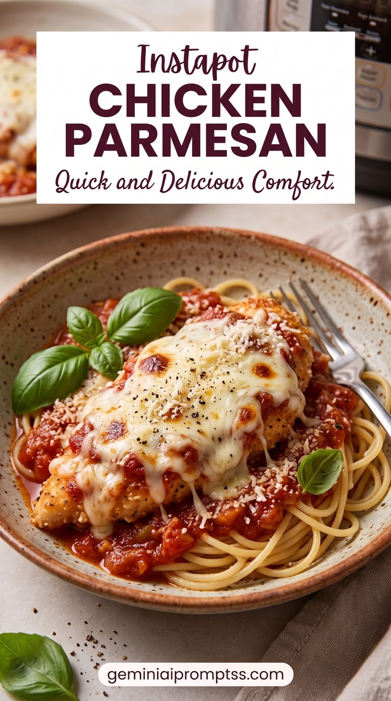 Instapot Chicken Parmesan Recipe with golden chicken cutlets with a red tomato sauce, melted cheese, Parmesan, and a fresh green herb garnish