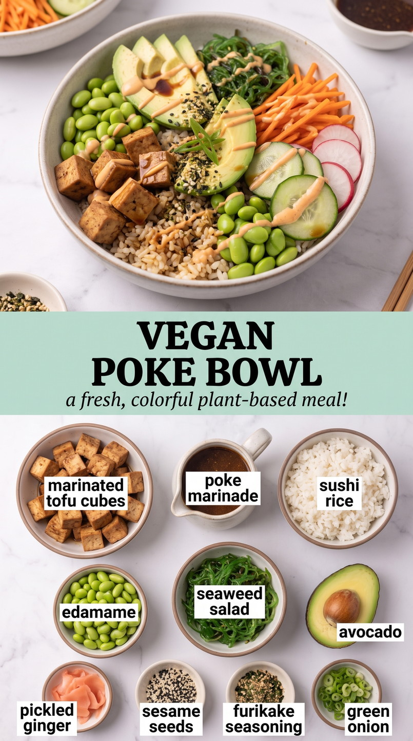 Vegan Poke Bowl showing tofu with rice, avocado, cucumber, edamame, seaweed salad, pickled ginger, sesame, and scallions