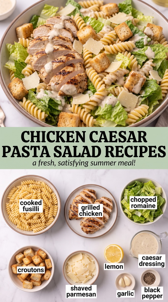 Chicken caesar pasta salad recipes showing a cold chicken Caesar pasta salad with rotini, romaine, Parmesan, and croutons