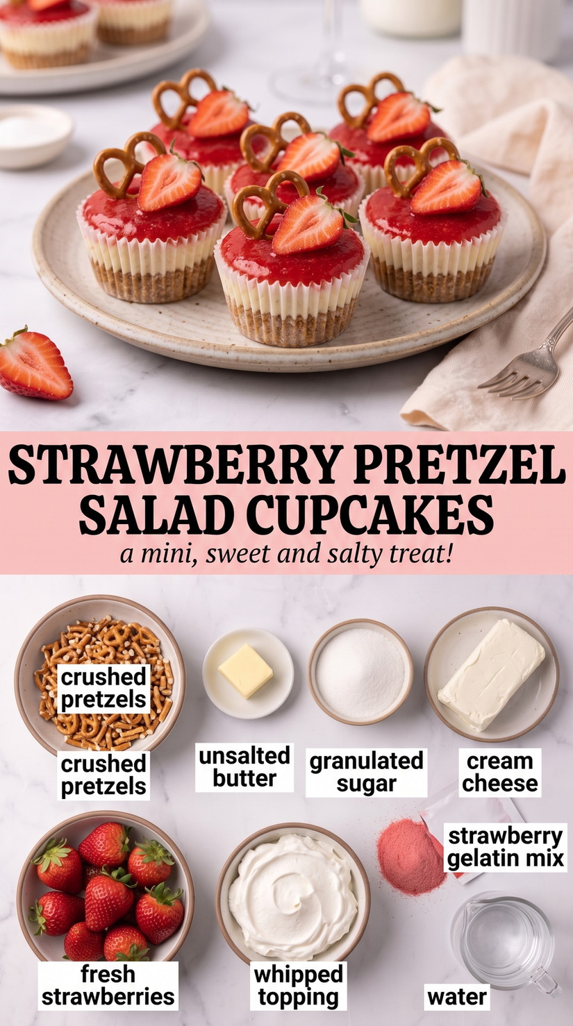 Strawberry Pretzel Salad Cupcakes with mini strawberry pretzel salad cupcakes with crisp pretzel crusts, cream cheese, whipped topping, and berry gelatin