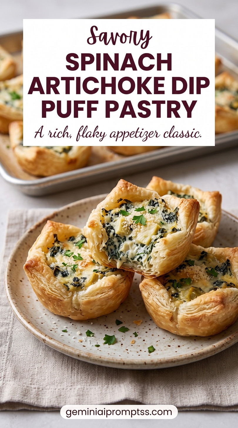 Spinach artichoke dip puff pastry showing flaky golden puff pastry cups filled with spinach, artichoke, cream cheese, and Parmesan
