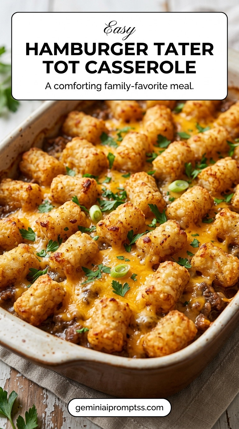 Hamburger Tater Tot Casserole showing a hamburger tater tot casserole with browned beef, creamy filling, melted cheddar, crisp tots, and green onions