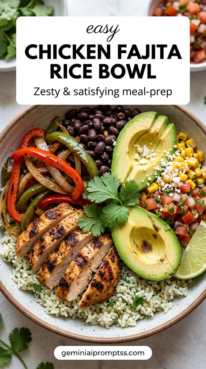 Chicken Fajita Rice Bowl Recipe finished dish with bell peppers, onion