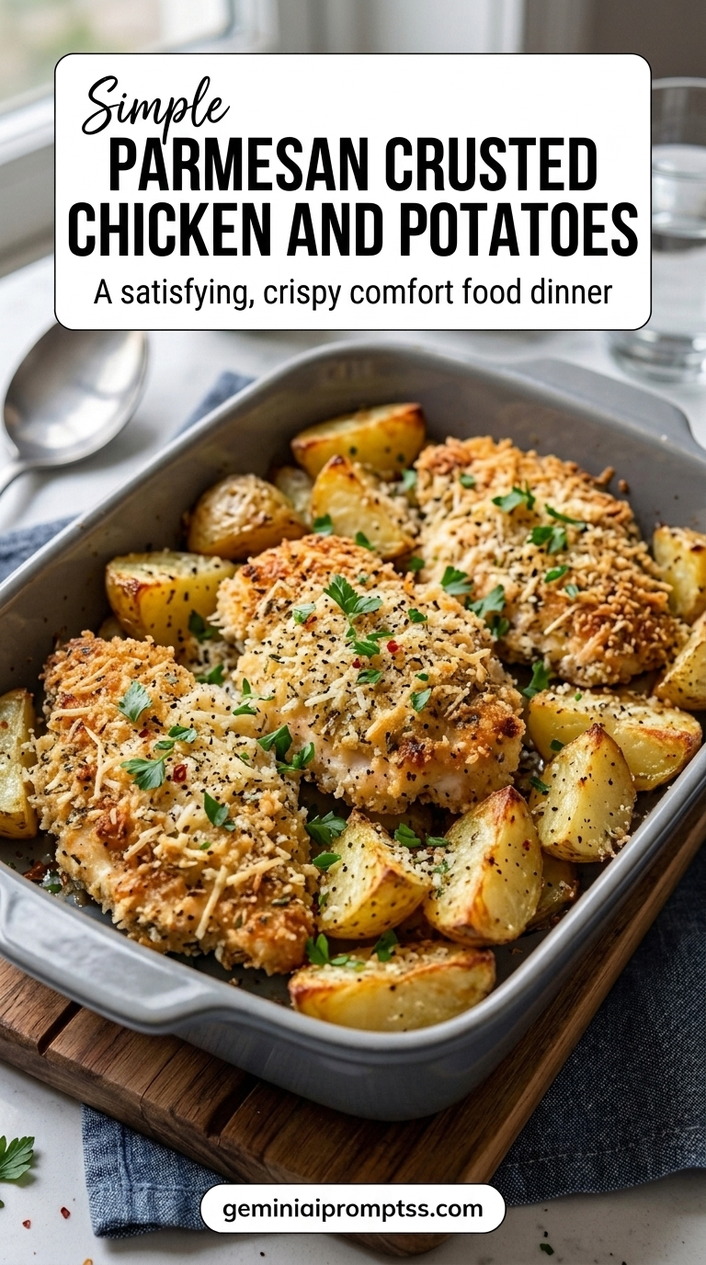 Parmesan Crusted Chicken And Potatoes finished recipe with roasted potatoes beside the chicken
