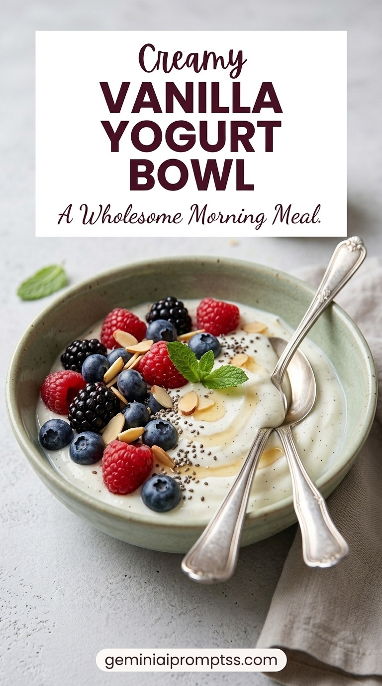 Vanilla Yogurt Bowl showing vanilla Greek yogurt with blueberries, raspberries, blackberries, granola, almonds, and chia