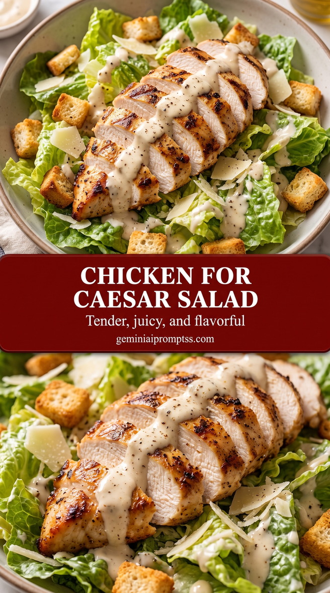 lemony chicken for Caesar salad with juicy sliced chicken, crisp romaine, Parmesan, and Caesar-style dressing