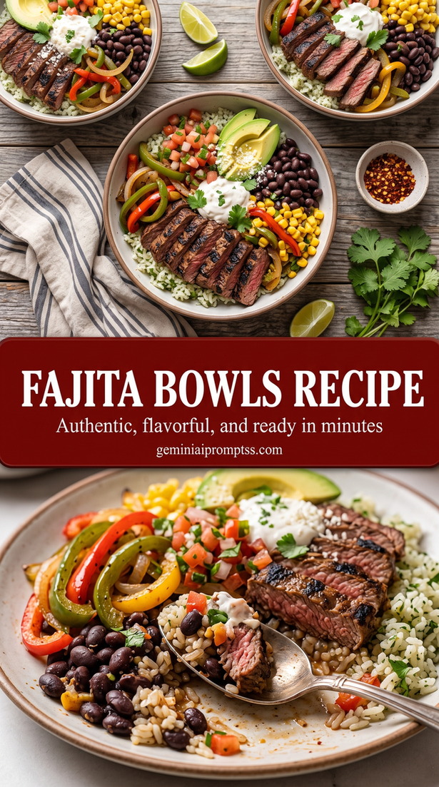 Fajita Bowls Recipe with browned chicken or steak with red and green peppers, onions, and a bright fresh finish
