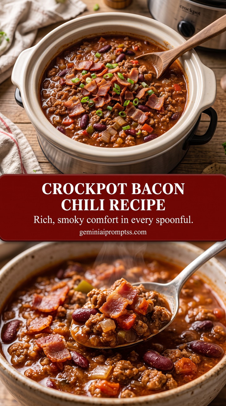 crockpot bacon chili recipe with a rich beef chili with kidney beans, tomato, peppers, and clear pieces of cooked bacon on top