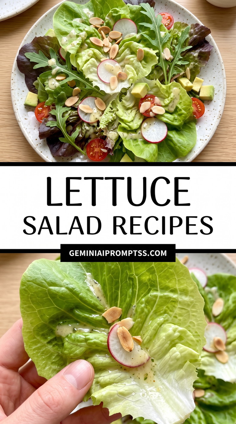 Lettuce Salad Recipes showing mixed pale and dark lettuce leaves, radish rounds, cherry tomatoes, sliced almonds and crumbled white cheese