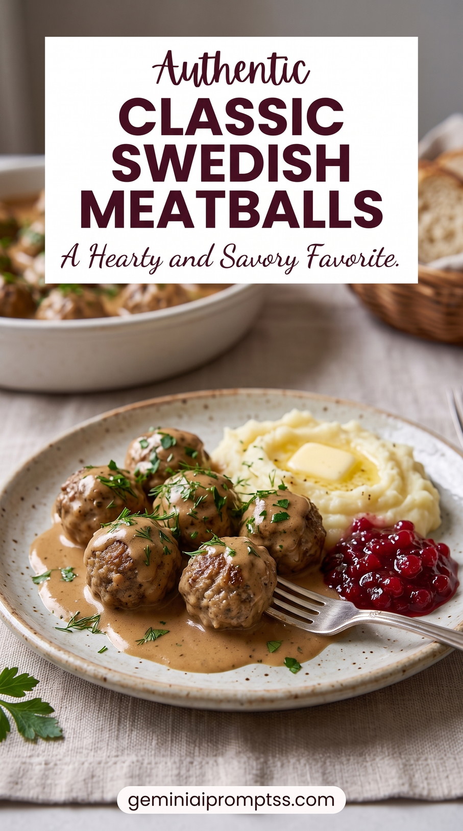 Classic Swedish meatballs showing the familiar beef-and-pork texture, warm allspice, nutmeg, cream gravy, mash, and berries