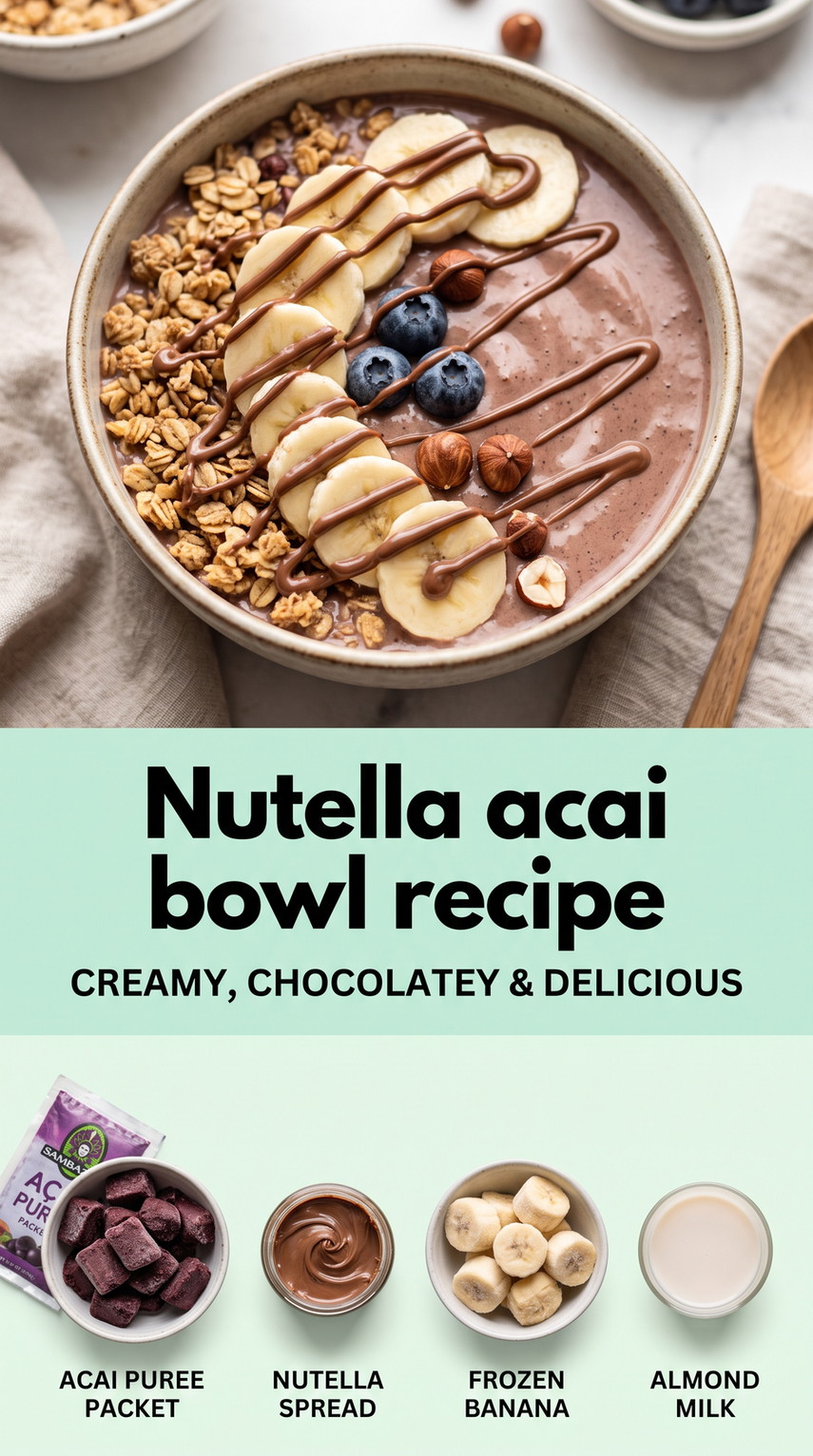 Nutella Acai Bowl Recipe with chocolate-hazelnut acai with banana, Nutella, granola, blueberries, and hazelnuts