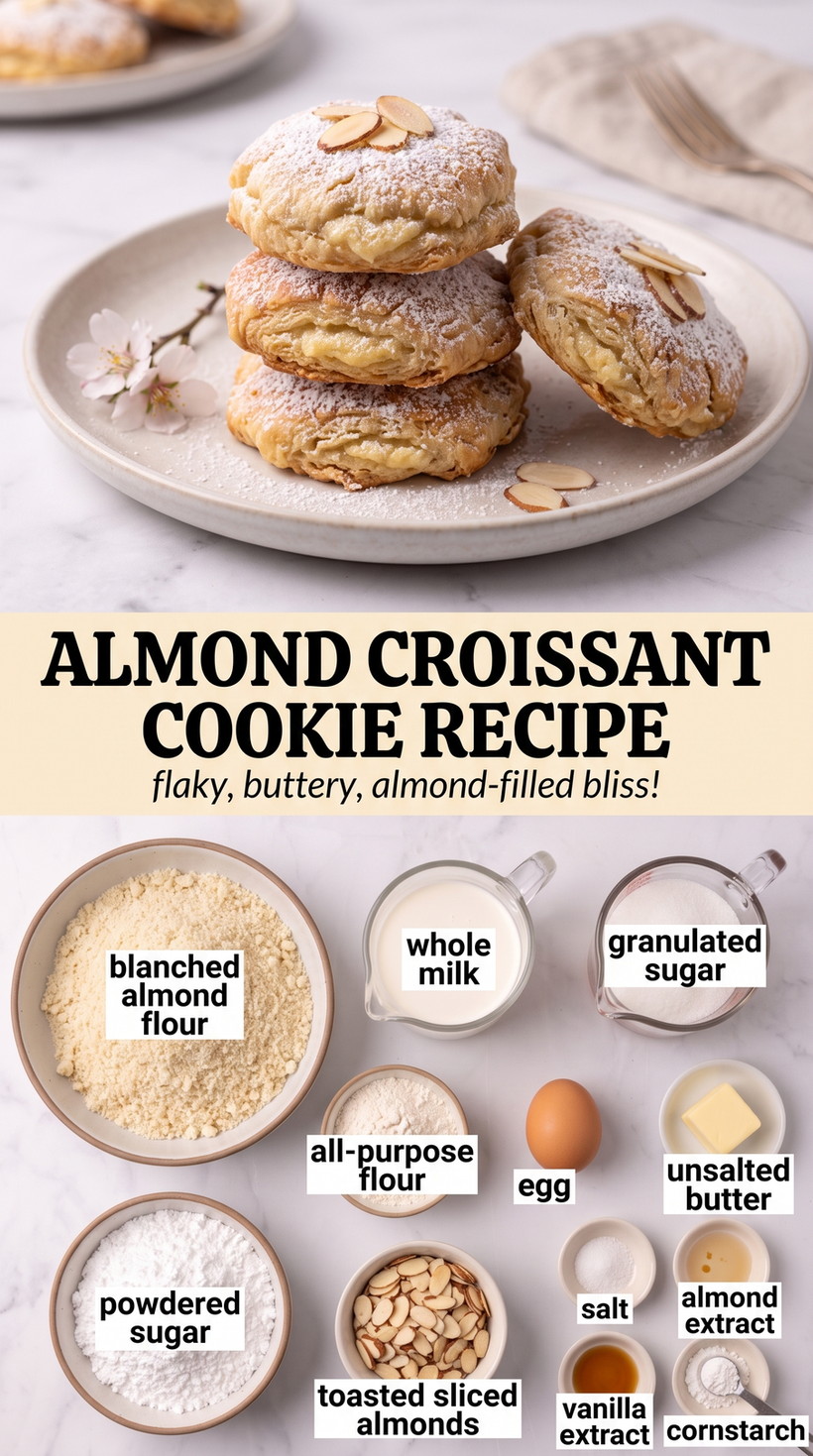 Almond Croissant Cookie Recipe showing thick almond croissant cookies with a soft center and sliced-almond top