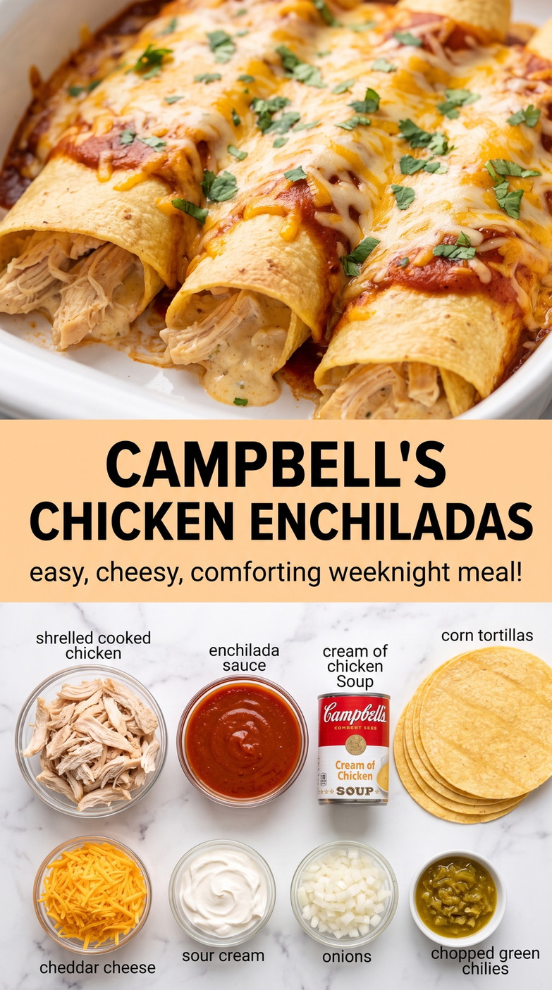 Campbells chicken enchiladas showing rolled chicken enchiladas covered with sauce and melted cheese