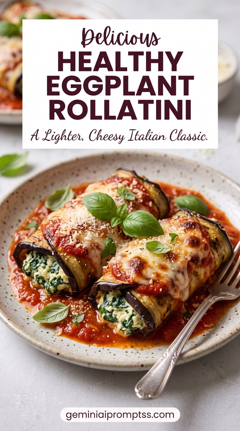 Healthy Spinach Eggplant Rollatini showing spinach-rich eggplant rollatini in tomato sauce with a modest cheese topping
