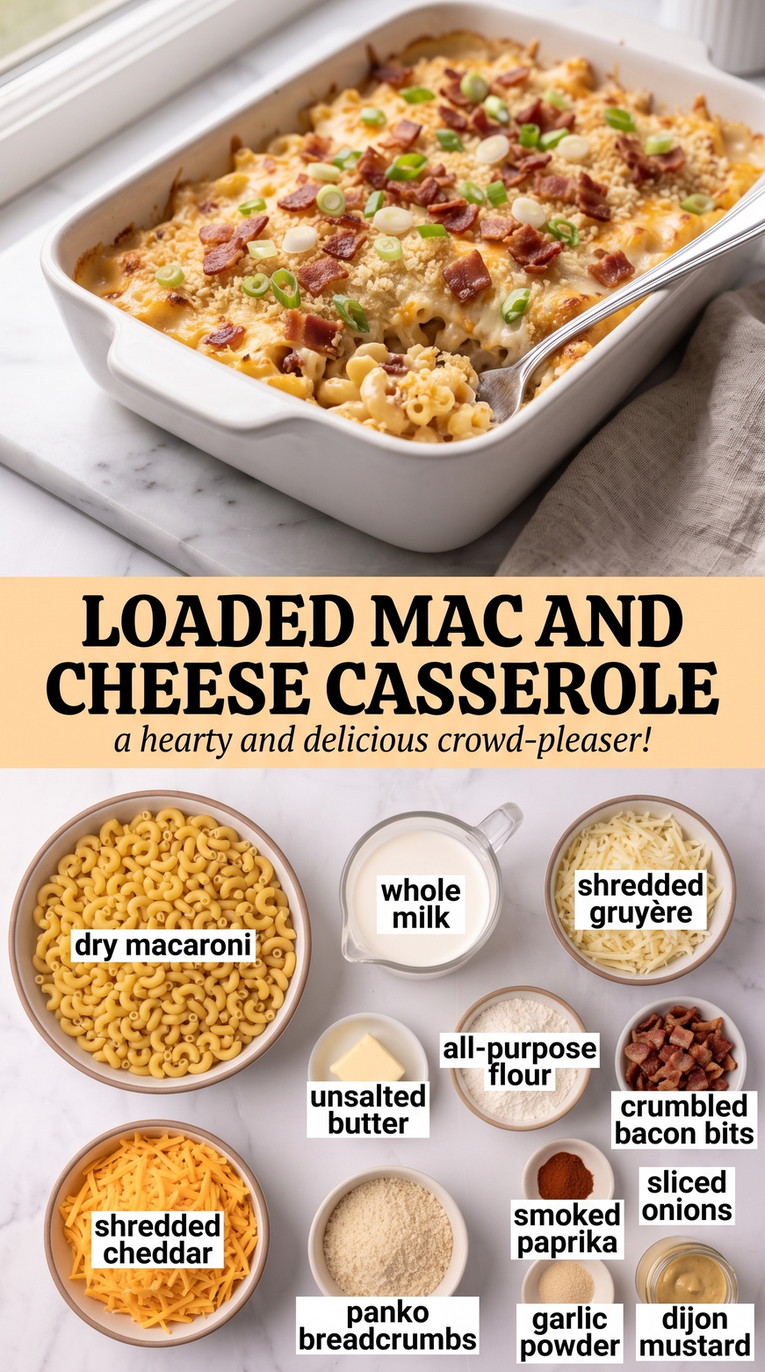 Loaded Mac and Cheese Casserole with loaded macaroni and cheese with Gruyere, cheddar, smoky bacon, scallions, and crisp panko