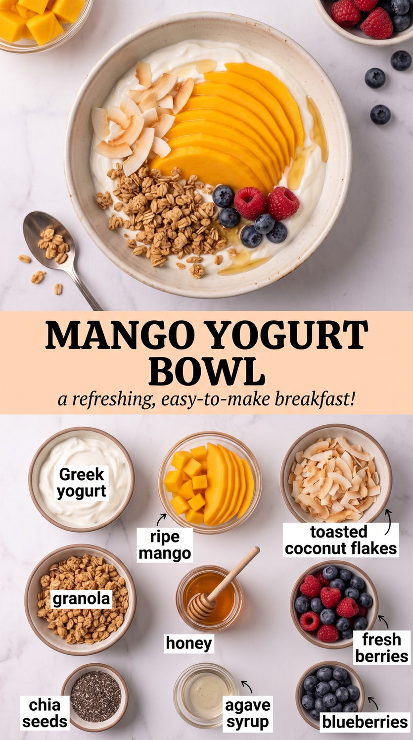 Mango Yogurt Bowl showing Greek yogurt with mango, granola, toasted coconut, berries, chia, and honey