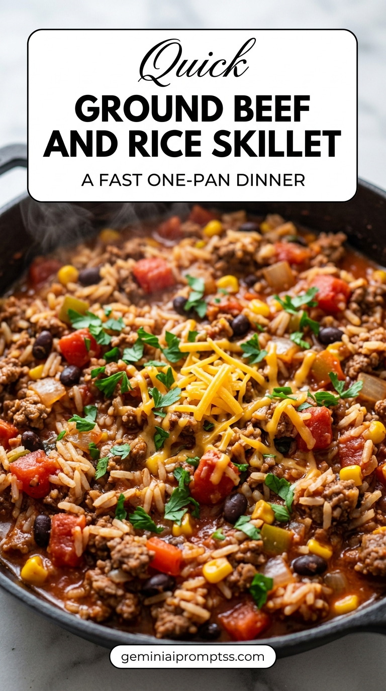 Hamburger Meat and Rice Recipes showing a ground-beef and rice skillet with tomatoes, corn, peppers, melted cheddar, and chopped green herbs