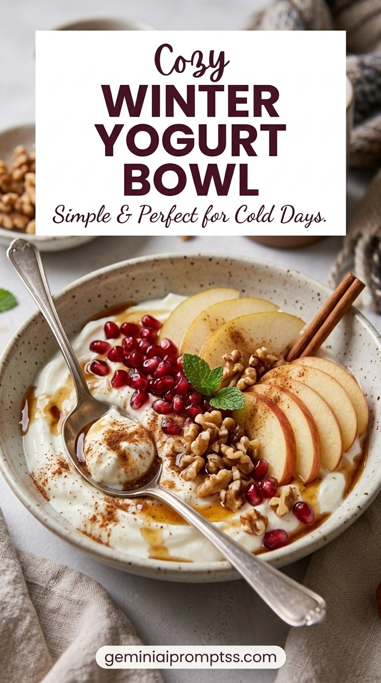Winter Yogurt Bowl showing Greek yogurt with pear, pomegranate, walnuts, granola, cinnamon, and mint
