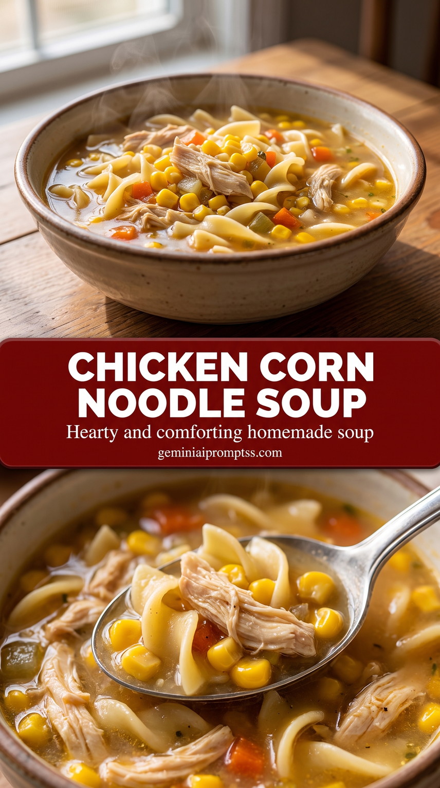 chicken corn noodle soup with sweet corn and thyme with sweet corn, carrots, celery, and egg noodles