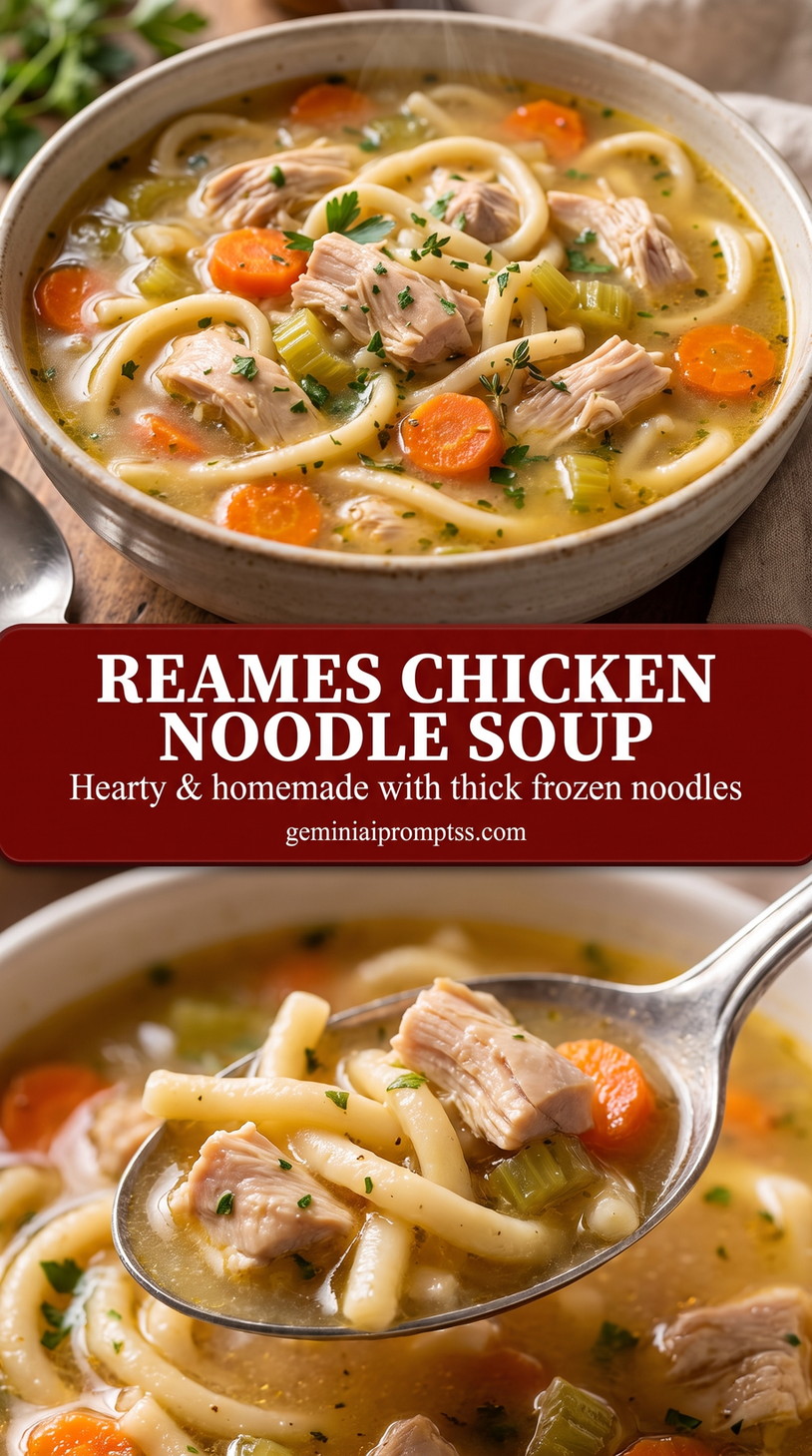 Reames chicken noodle soup showing a comforting chicken noodle soup with tender vegetables and noodles