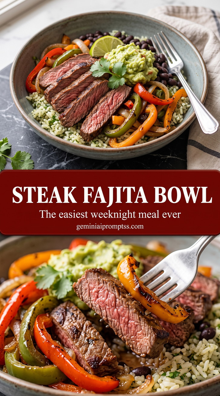 Steak Fajita Bowl with browned chicken or steak with red and green peppers, onions, and a bright fresh finish