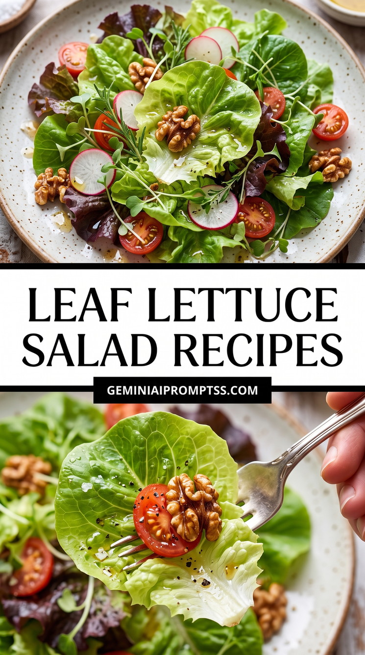 Leaf Lettuce Salad Recipes showing soft green and red leaf lettuce, radish slices, cherry tomatoes, walnuts and a small amount of white cheese