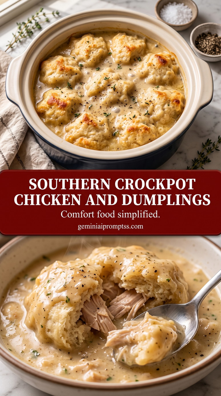 southern crockpot chicken and dumplings with a creamy Southern chicken and dumplings dish with tender chicken, large soft dumplings, herbs, and black pepper