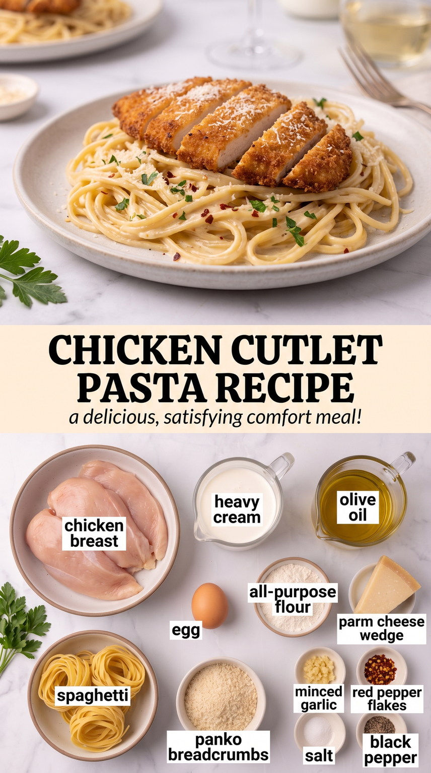 Chicken Cutlet Pasta with Creamy Tomato Sauce prepared as a finished chicken cutlet pasta recipe recipe with browned cutlets ready to serve