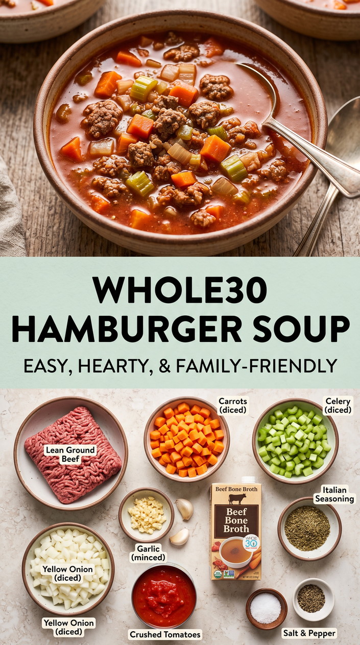 Whole30 Hamburger Soup with Whole30 hamburger soup with lean beef, potatoes, carrots, celery, tomatoes, onion, and herbs
