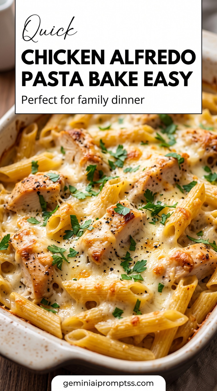 Cheesy Chicken Alfredo Pasta Bake with creamy sauce, chicken, pasta, Parmesan