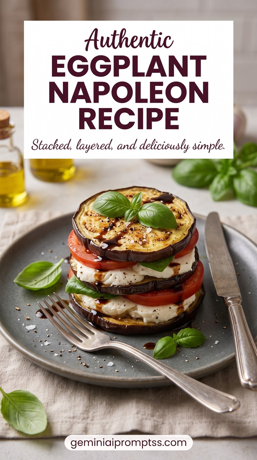 Caprese Eggplant Napoleon showing stacked eggplant, tomato, white cheese, and basil in a tall napoleon presentation