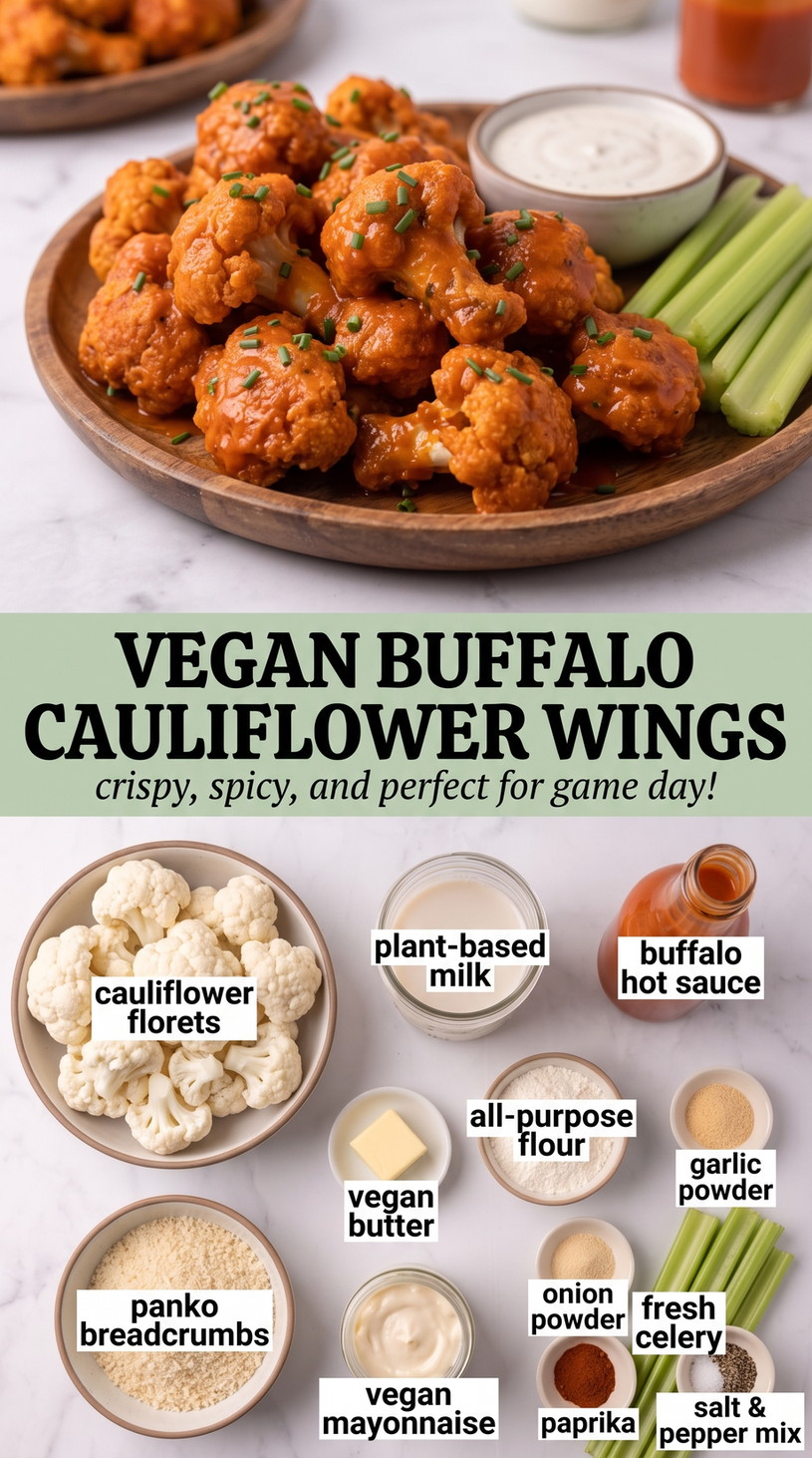 Vegan Super Bowl Party Food with crispy vegan buffalo cauliflower wings with a panko crust, hot sauce, celery, and a creamy vegan dip