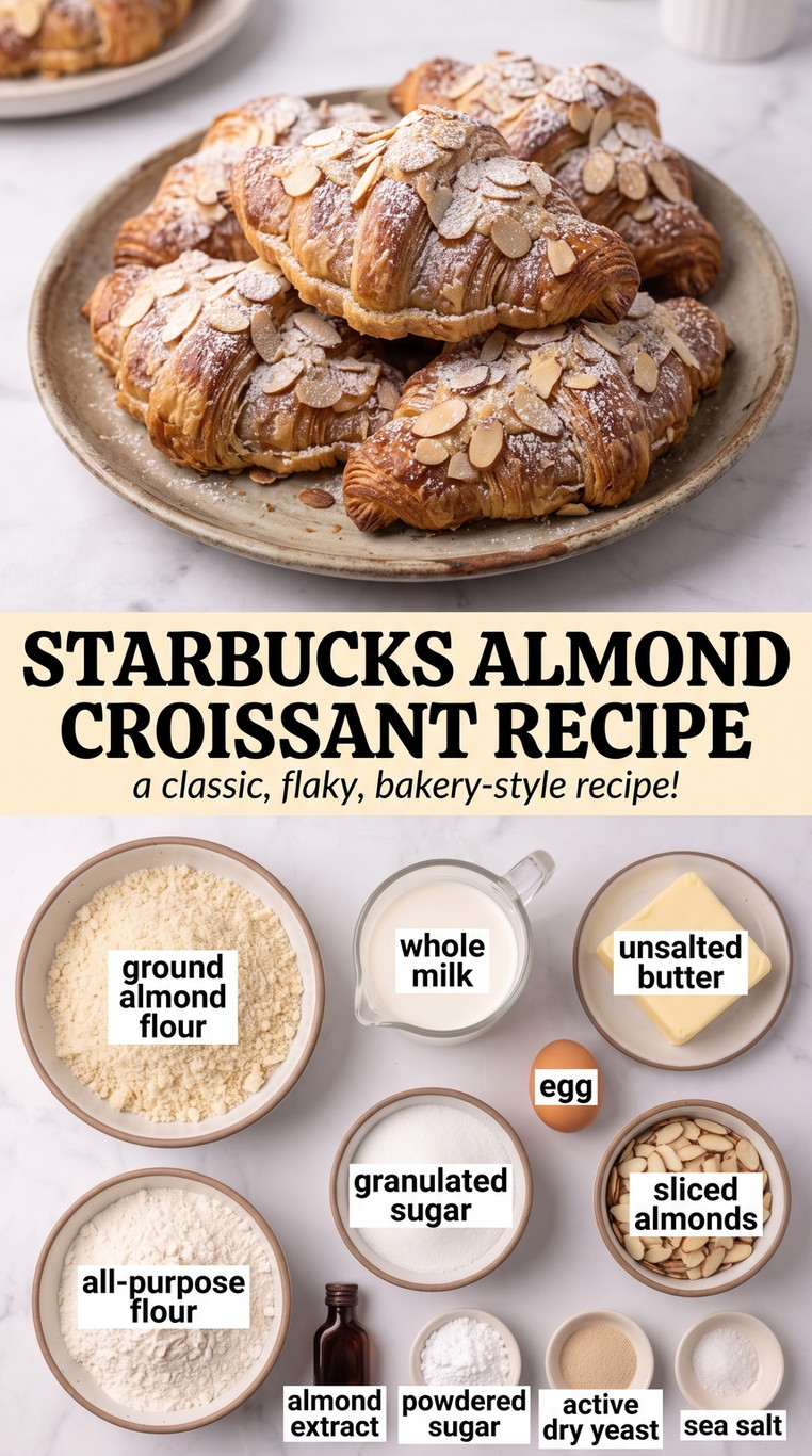 Starbucks Almond Croissant Recipe showing bakery-style almond croissants with a generous sliced-almond crust