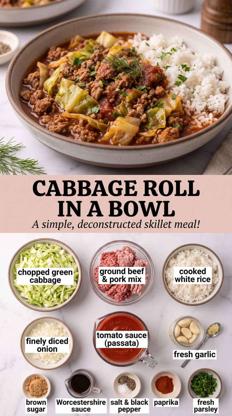 Cabbage Roll in a Bowl showing ground beef, cabbage, rice, tomato sauce, onion, garlic, paprika, and parsley
