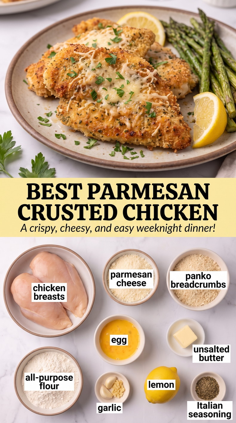 Best parmesan crusted chicken showing crisp Parmesan-crusted chicken with a golden crumb coating