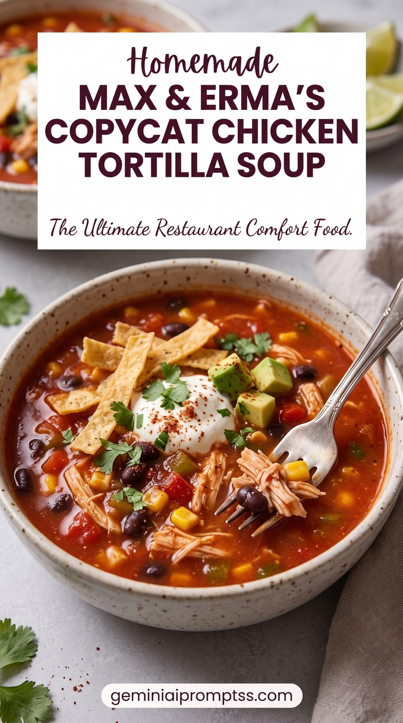 Max and Erma’s Copy Cat Chicken Tortilla Soup with shredded chicken, tortilla strips, avocado, beans, corn, lime, and a red tomato-chile broth
