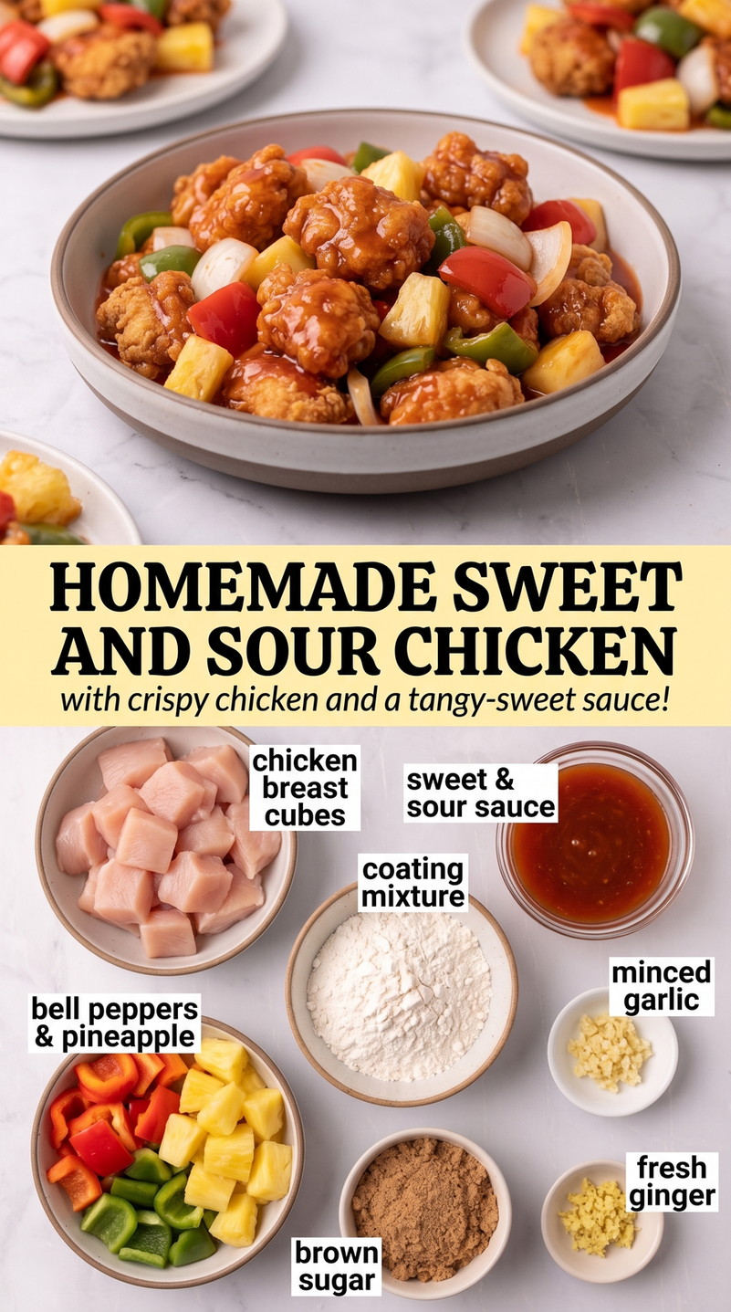 Homemade sweet and sour chicken finished dish made with chicken breast cubes, prepared sweet and sour sauce, and coating mixture