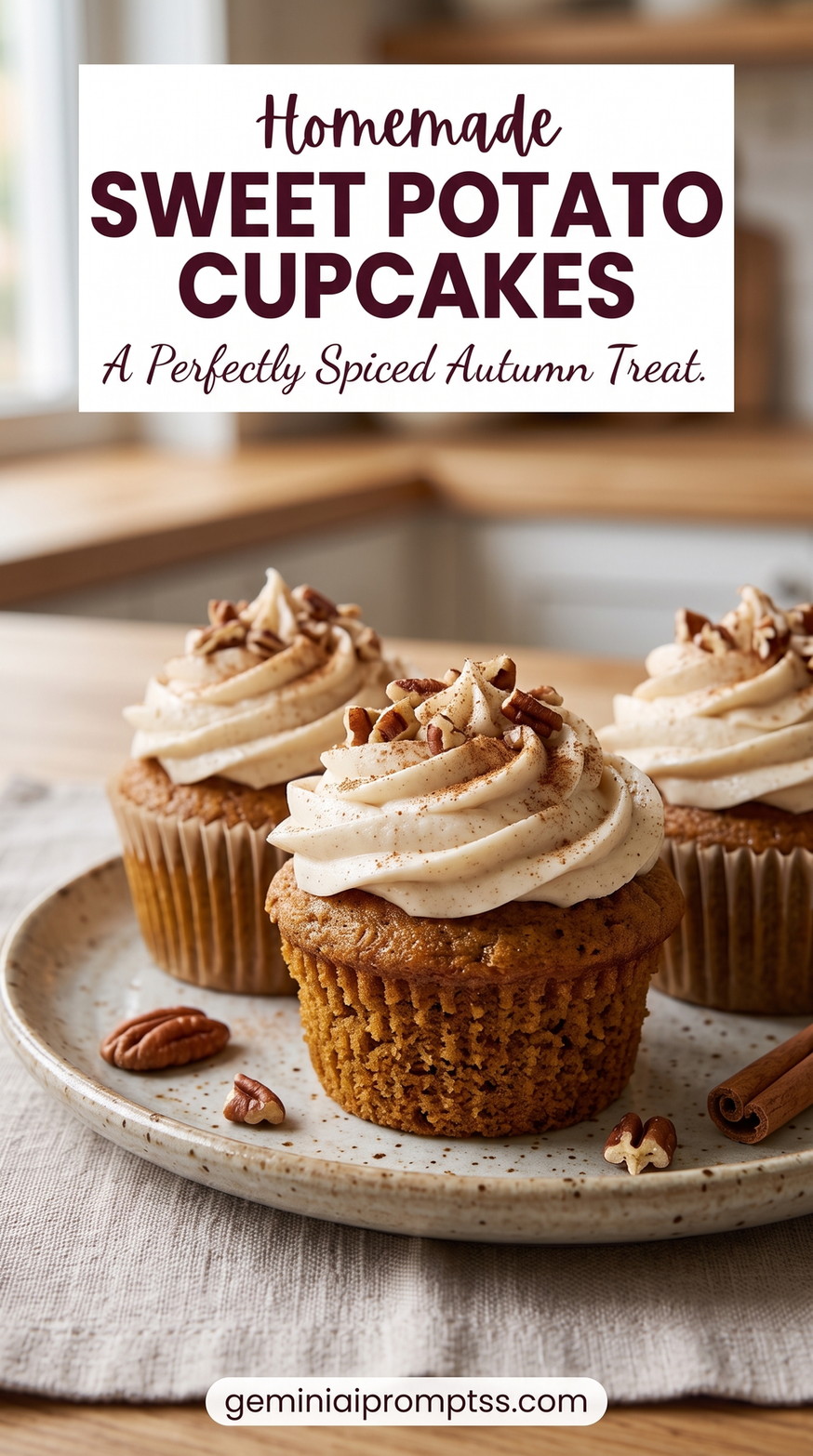 Sweet potato cupcake recipe showing moist spiced cupcakes topped with swirled frosting, cinnamon, and pecans